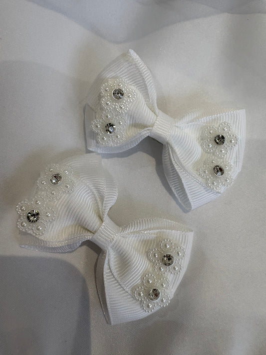 Hair Bows Pearl & Diamante Trim - 2 Sizes - Small or Large