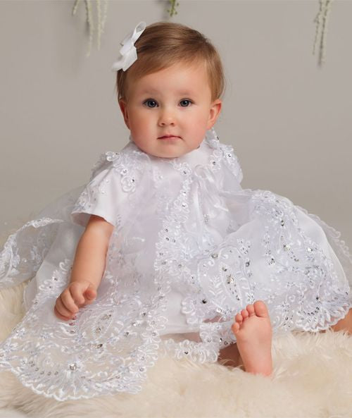 Ayala - Girls White Christening 3 Piece set Dress, Overcoat & Bonnet.