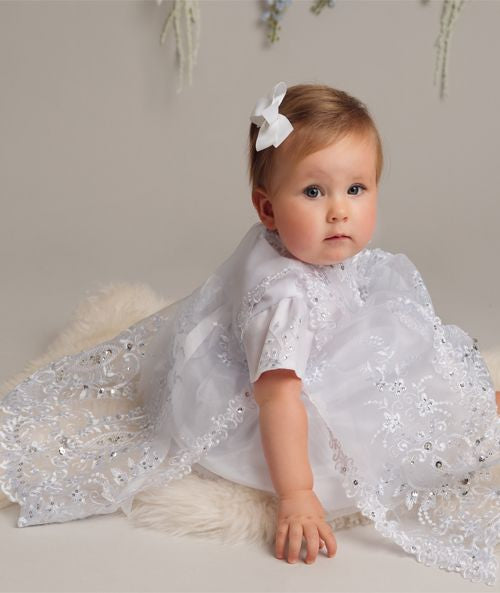 Ayala - Girls White Christening 3 Piece set Dress, Overcoat & Bonnet.