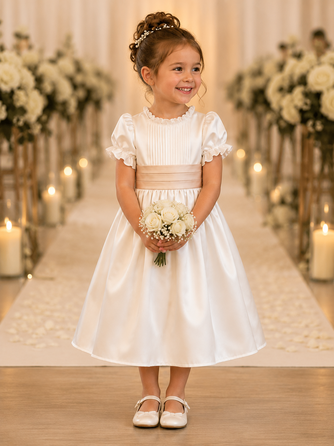 Emelia - Ivory Satin Flower Girl Dress with Rose Champagne Pink Sash & Bow | Classic Wedding Dress for Girls Ivory Dress with Rose Pink Bow