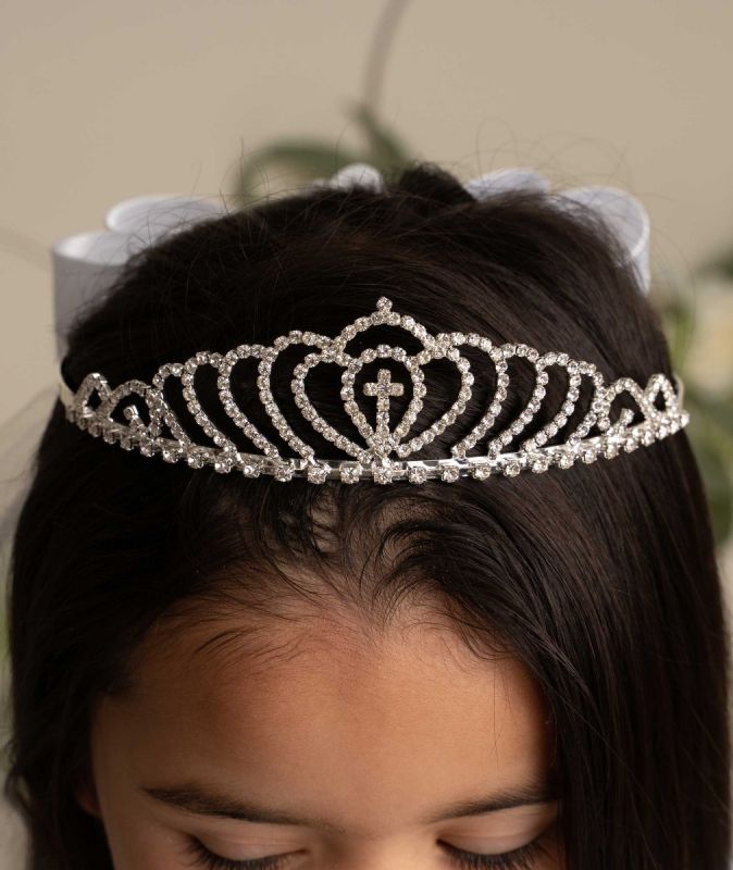Girls' White Crystal Cross Tiara Veil