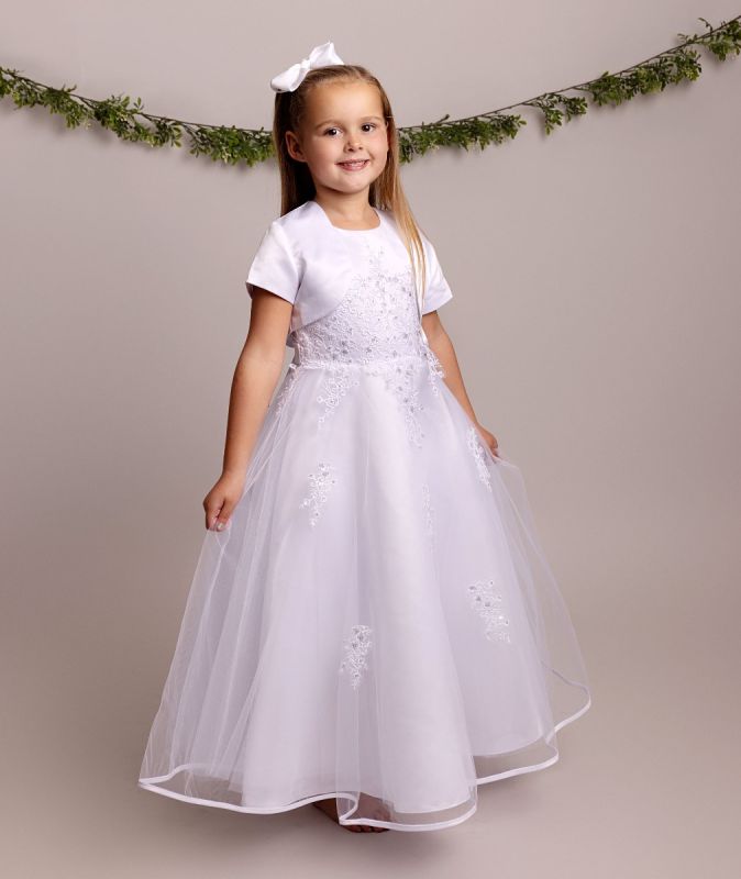Holy Communion 2 Piece Dress & Bolero Ages 6 -12 Years - White Satin & Sequin Bodice