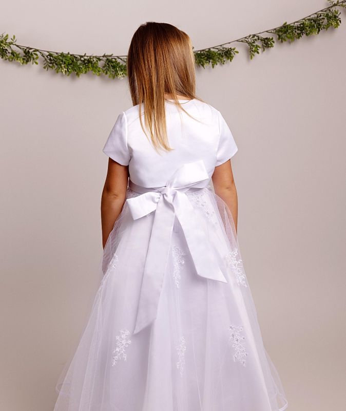 Holy Communion 2 Piece Dress & Bolero Ages 6 -12 Years - White Satin & Sequin Bodice