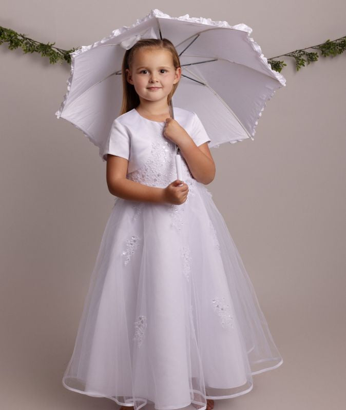 Holy Communion 2 Piece Dress & Bolero Ages 6 -12 Years - White Satin & Sequin Bodice