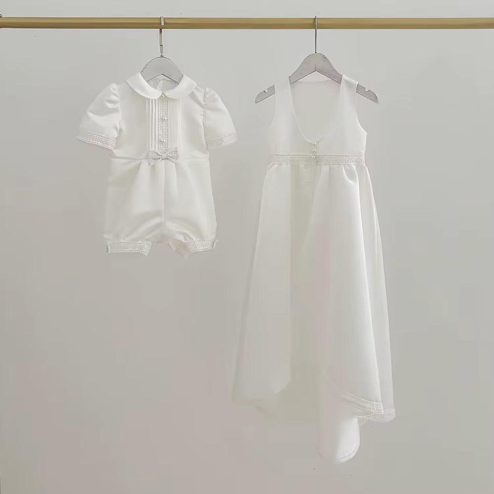 Jaxon - PREMIUM COLLECTION Boys Traditional Ivory 4 Piece Christening Gown - Boys Short Sleeve Romper with Pearl & Bow Detail, Full Length Sleeveless Coat, Hat & Shoes