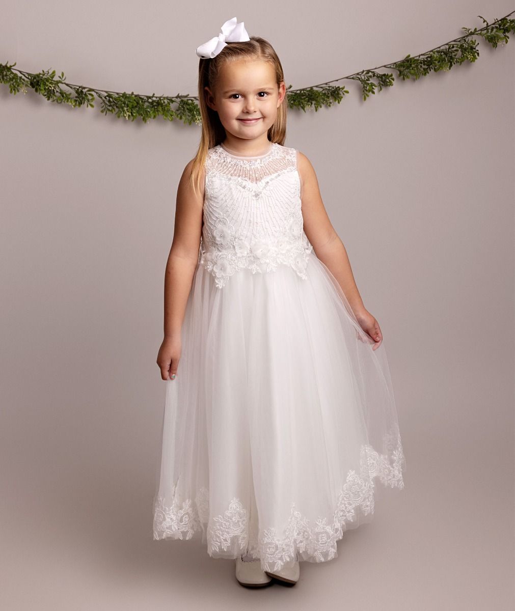 Flower Girl Dress Ages 2 -12 Years - Ivory Tulle & Silk Flowers & Pearl Appliqué Bodice