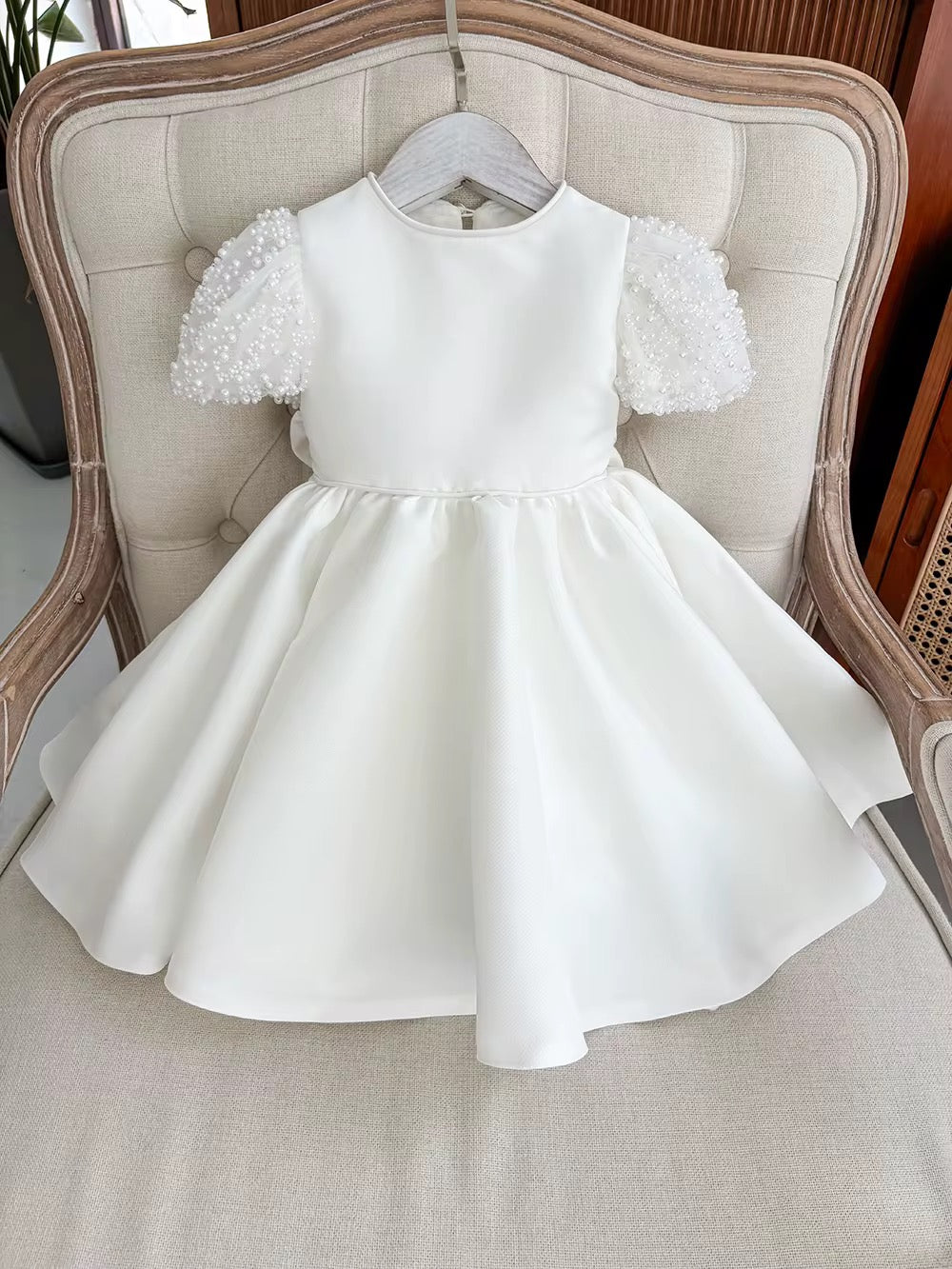 Belle - PREMIUM COLLECTION Handmade Ivory Pearl Embellishment Flower Girl Dress Matching Headband and Ballet Style Shoes