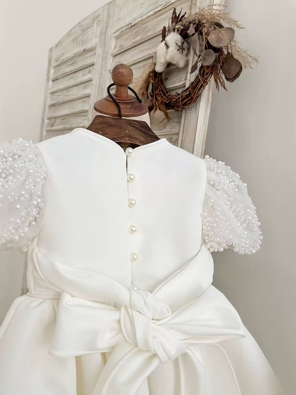 Belle - PREMIUM COLLECTION Handmade Ivory Pearl Embellishment Flower Girl Dress Matching Headband and Ballet Style Shoes