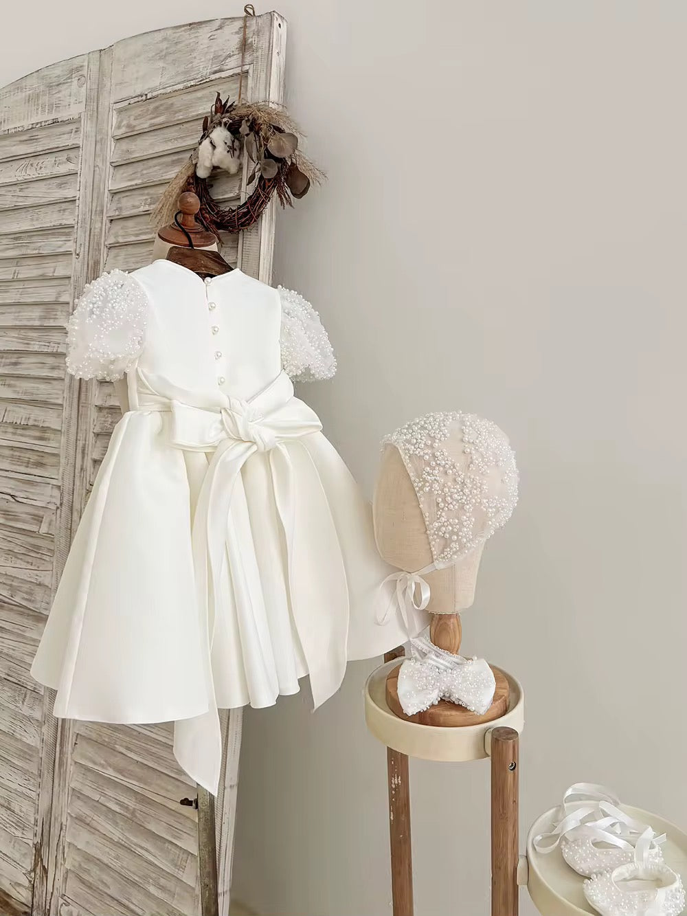 Belle - PREMIUM COLLECTION Handmade Ivory Pearl Embellishment Flower Girl Dress Matching Headband and Ballet Style Shoes