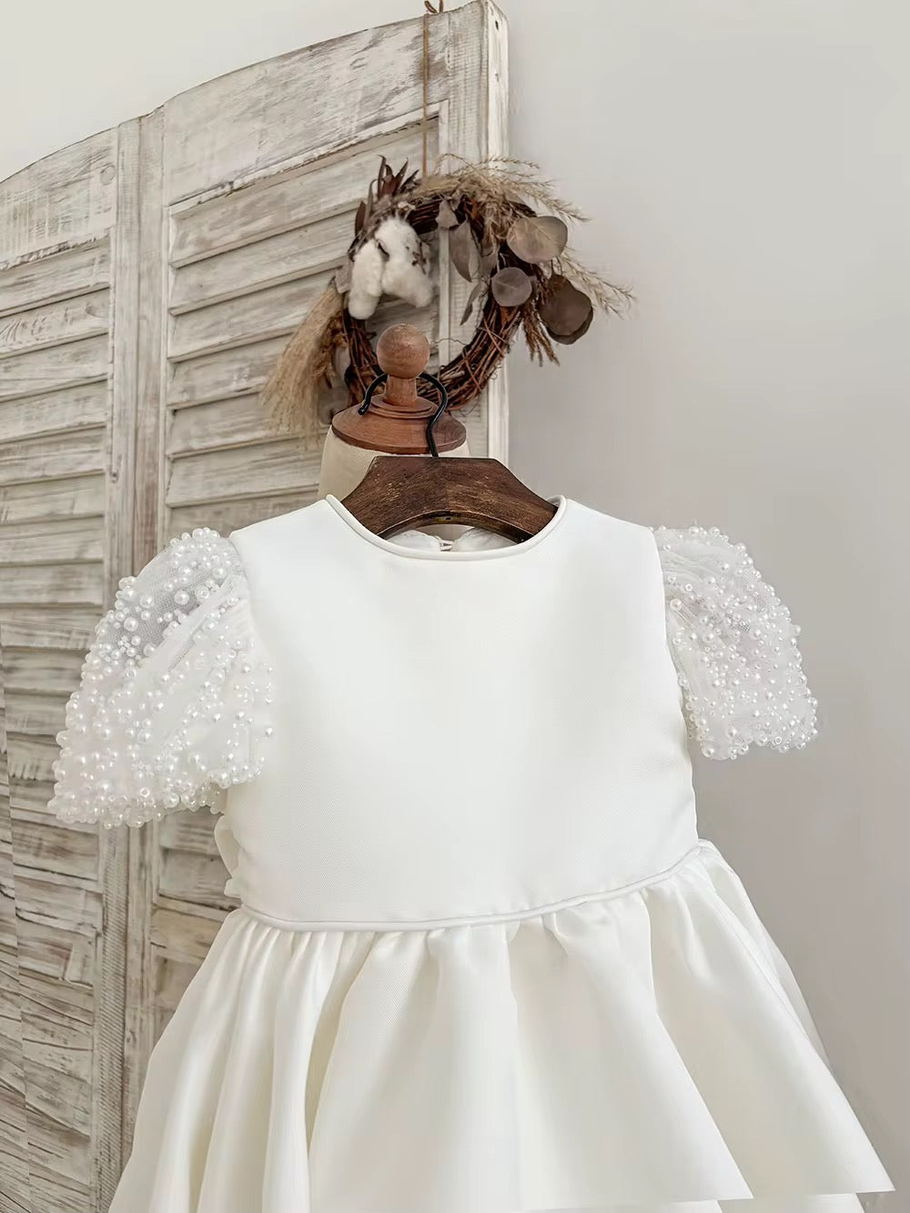 Belle - PREMIUM COLLECTION Handmade Ivory Pearl Embellishment Flower Girl Dress Matching Headband and Ballet Style Shoes