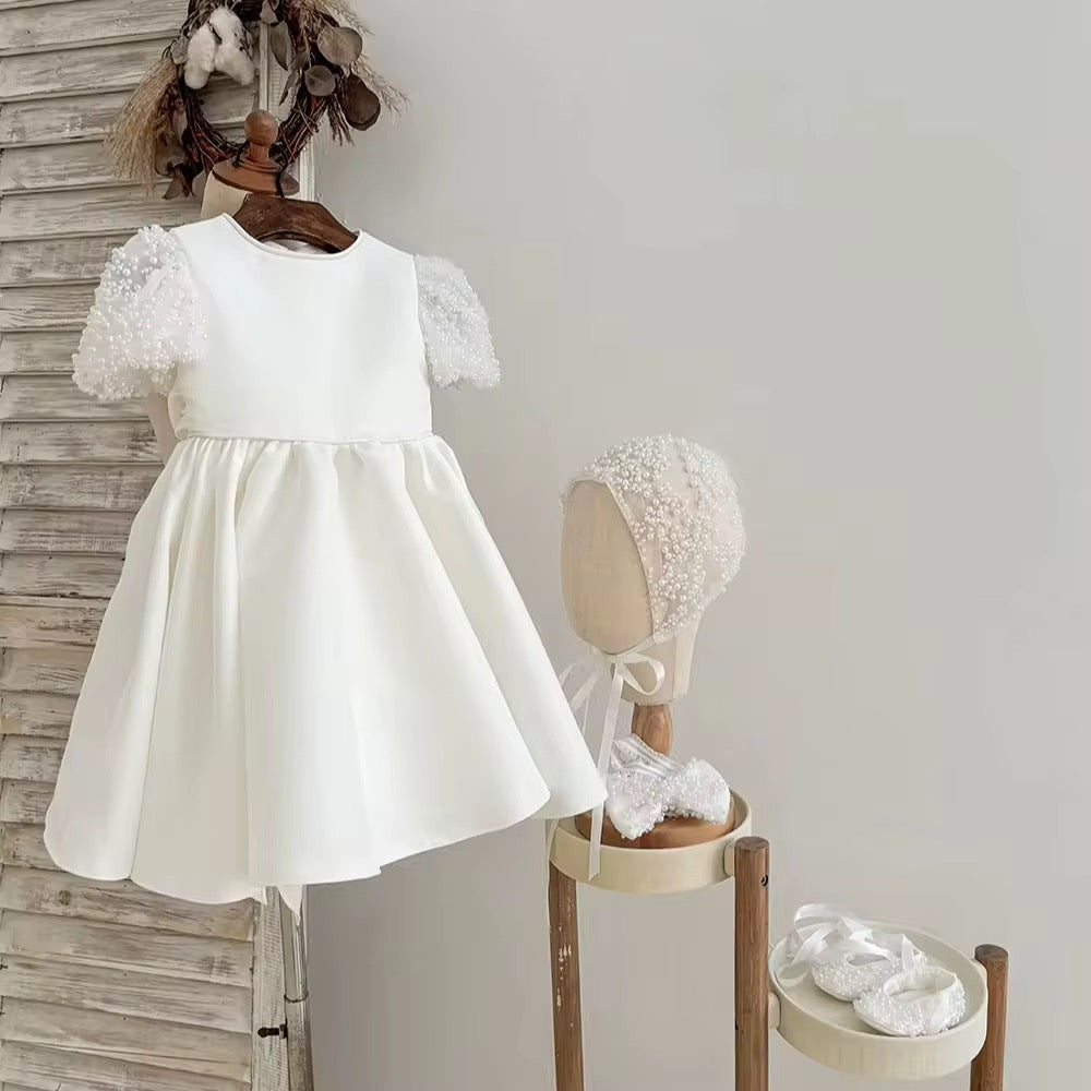 Belle - PREMIUM COLLECTION Handmade Ivory Pearl Embellishment Flower Girl Dress Matching Headband and Ballet Style Shoes