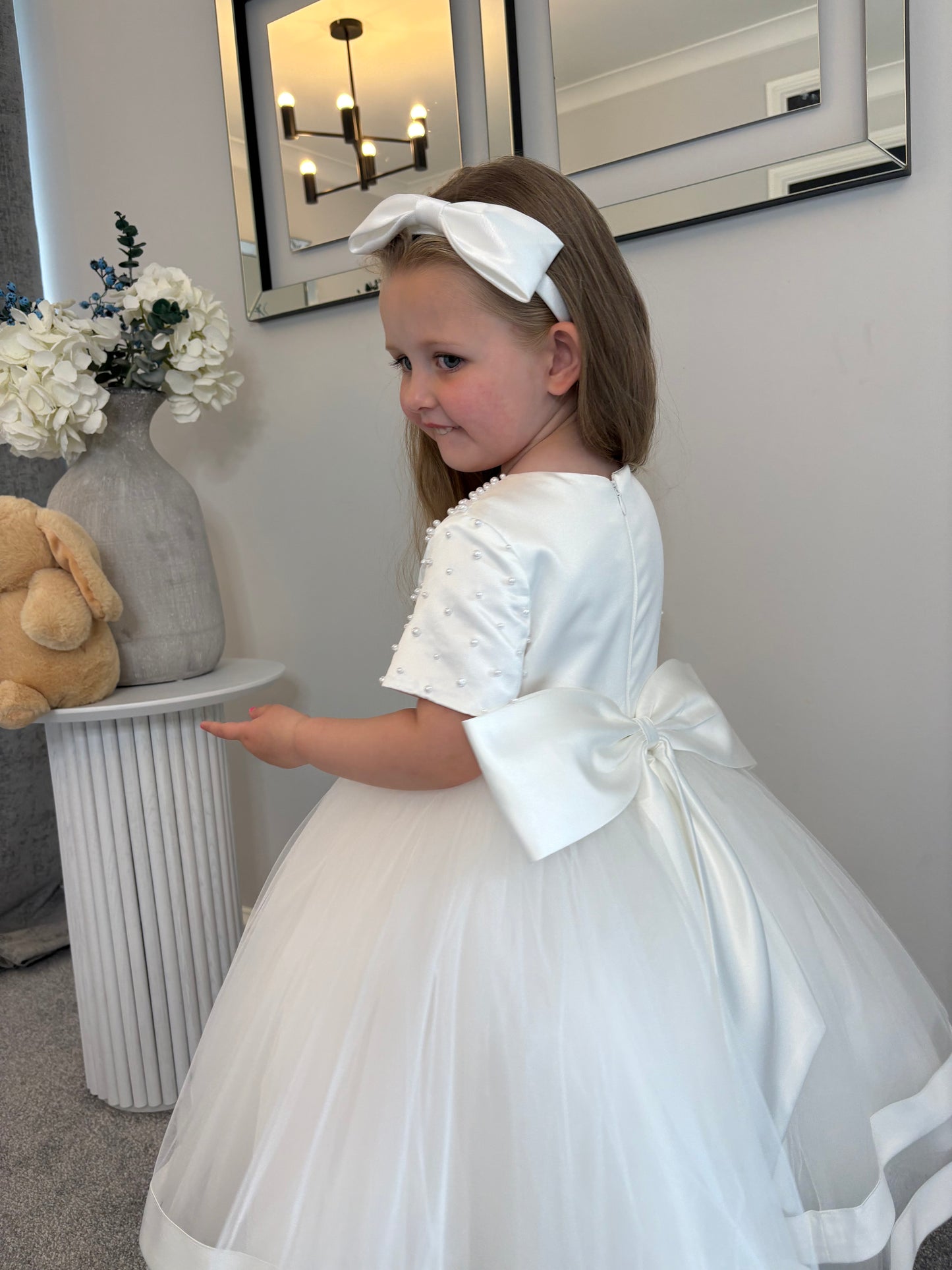 Beatrice - PREMIUM COLLECTION Handmade Luxury Ivory Tulle, Satin and Pearl Dress for Girls – Ideal for Christenings, Weddings & Special Occasions Girls Pearl Accent Christening/Flower Girl Dress