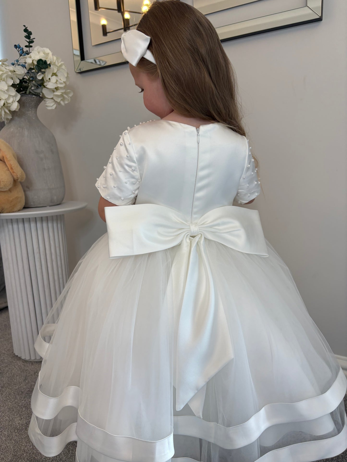 Beatrice - PREMIUM COLLECTION Handmade Luxury Ivory Tulle, Satin and Pearl Dress for Girls – Ideal for Christenings, Weddings & Special Occasions Girls Pearl Accent Christening/Flower Girl Dress