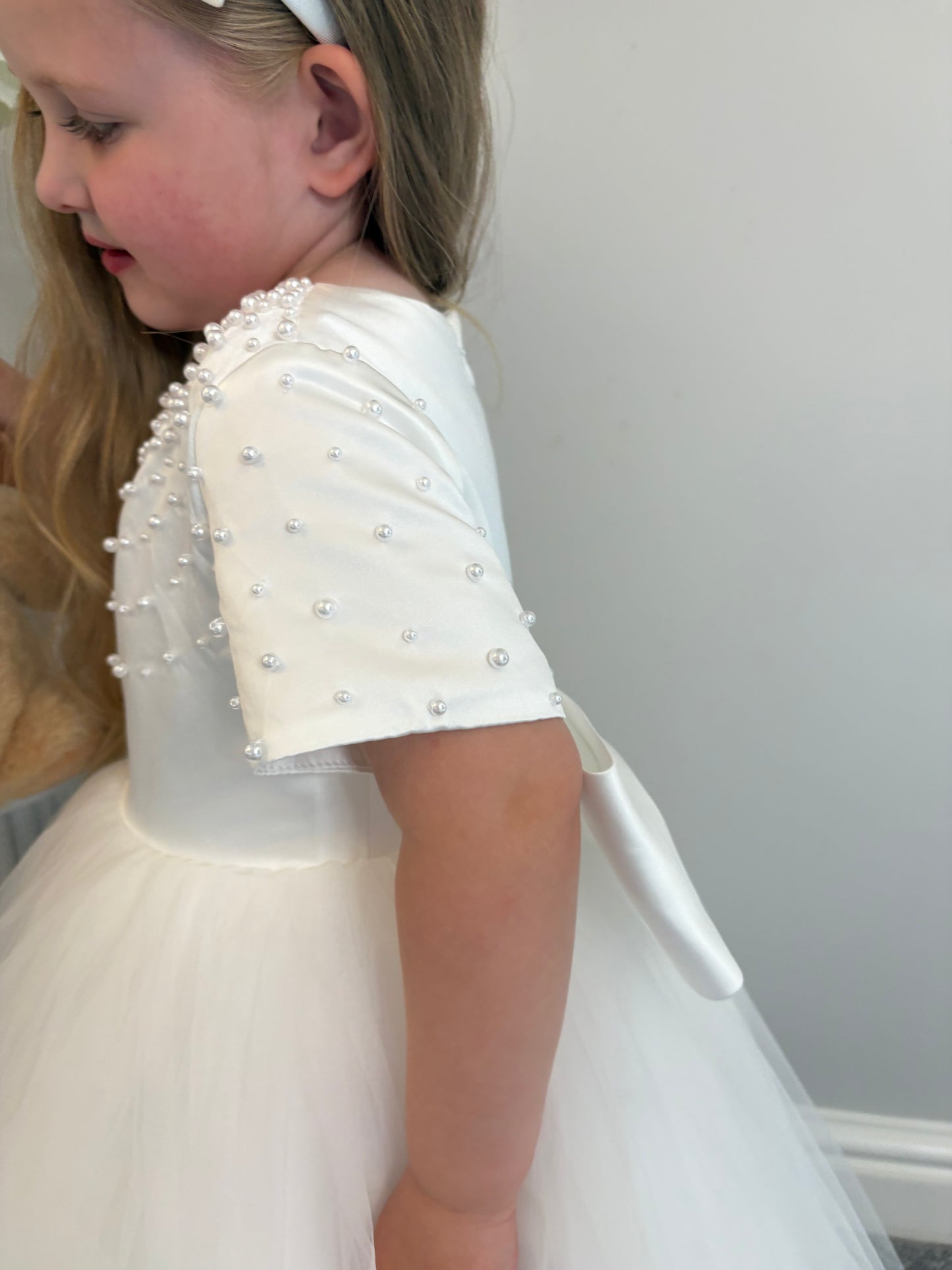 Beatrice - PREMIUM COLLECTION Handmade Luxury Ivory Tulle, Satin and Pearl Dress for Girls – Ideal for Christenings, Weddings & Special Occasions Girls Pearl Accent Christening/Flower Girl Dress