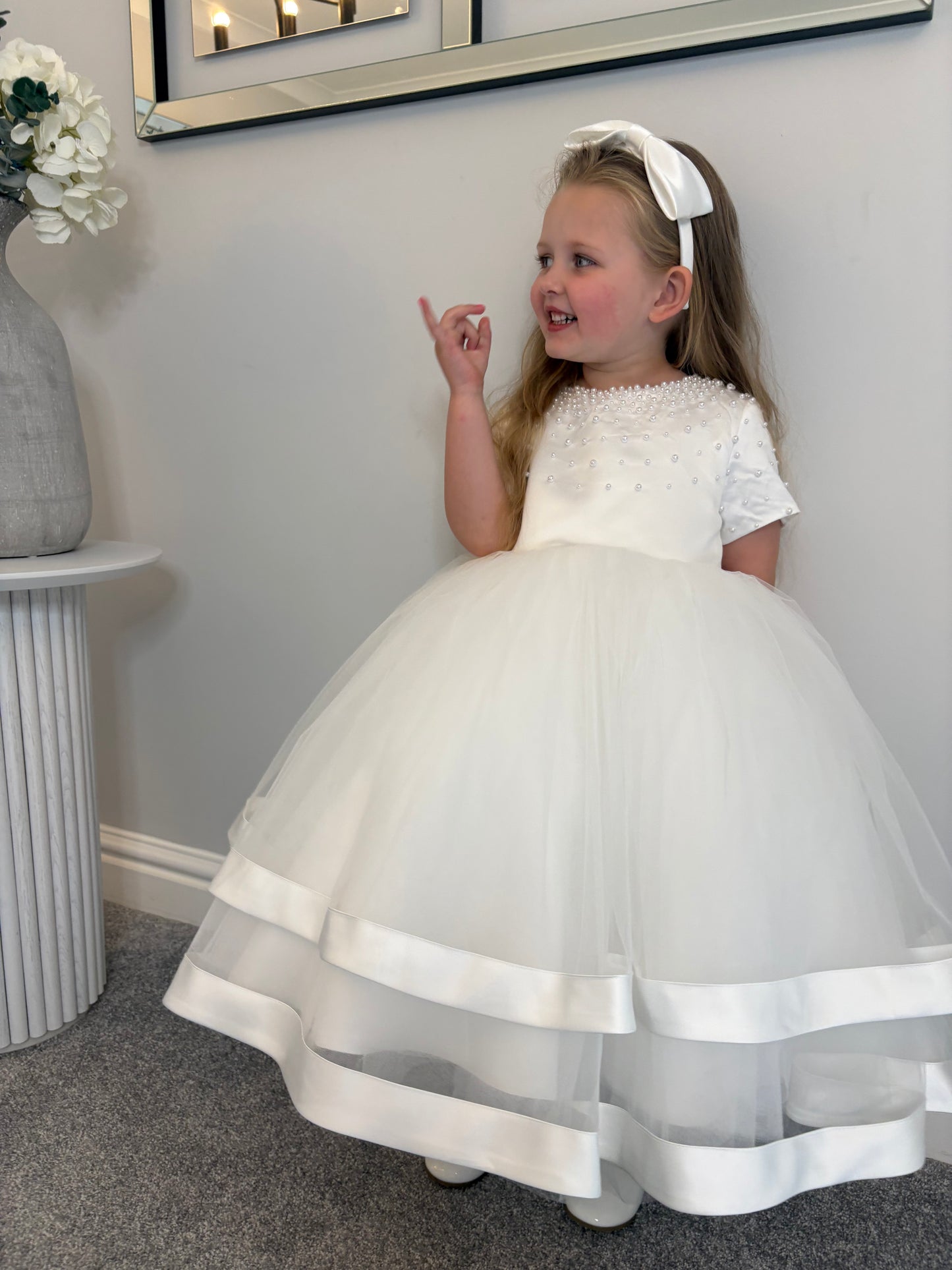 Beatrice - PREMIUM COLLECTION Handmade Luxury Ivory Tulle, Satin and Pearl Dress for Girls – Ideal for Christenings, Weddings & Special Occasions Girls Pearl Accent Christening/Flower Girl Dress