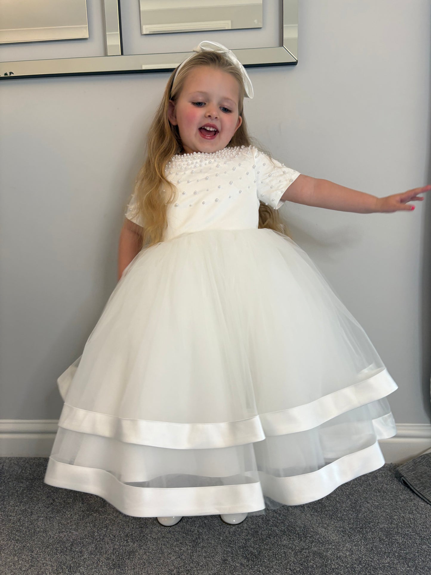 Beatrice - PREMIUM COLLECTION Handmade Luxury Ivory Tulle, Satin and Pearl Dress for Girls – Ideal for Christenings, Weddings & Special Occasions Girls Pearl Accent Christening/Flower Girl Dress