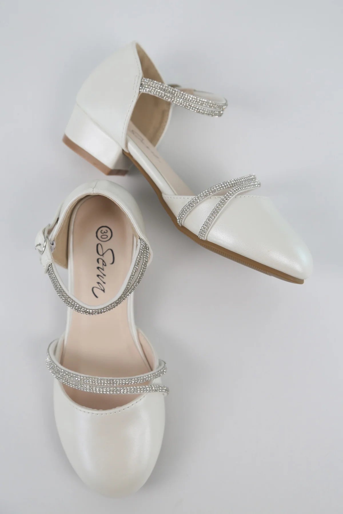 Girls White Rhinestone Straps Low Heel Shoes
