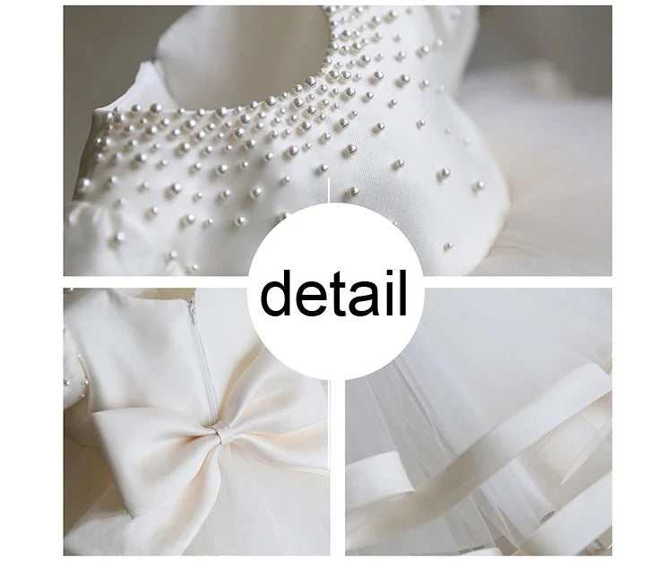 Beatrice - PREMIUM COLLECTION Handmade Luxury Ivory Tulle, Satin and Pearl Dress for Girls – Ideal for Christenings, Weddings & Special Occasions Girls Pearl Accent Christening/Flower Girl Dress