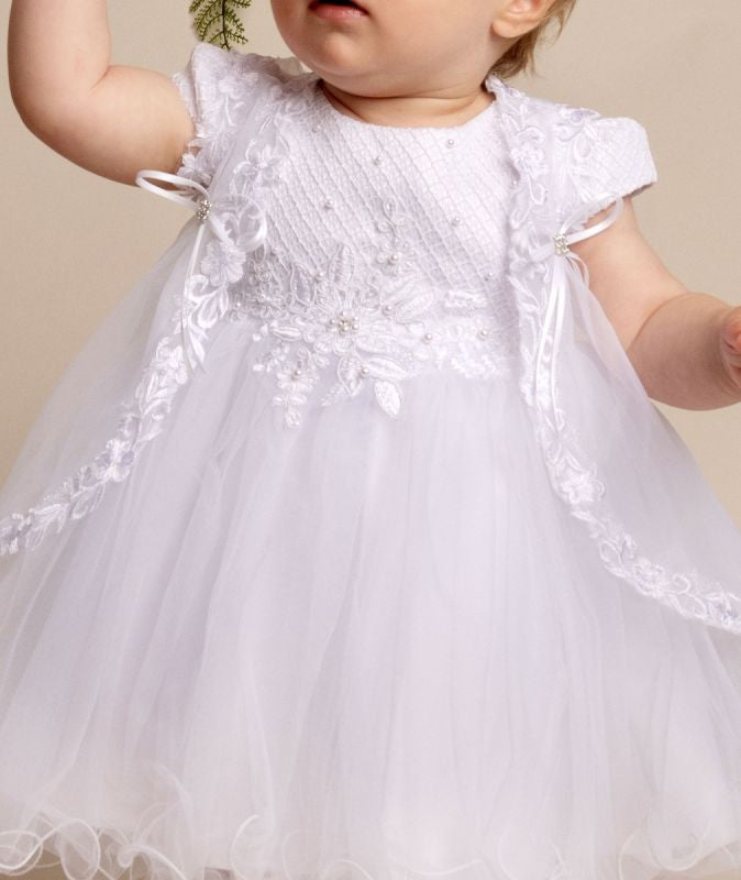 April - 2 Piece Baby Girls White Christening Dress & Sleeveless Jacket