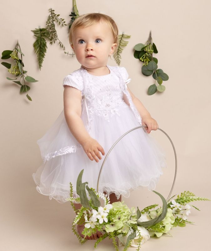 April - 2 Piece Baby Girls White Christening Dress & Sleeveless Jacket