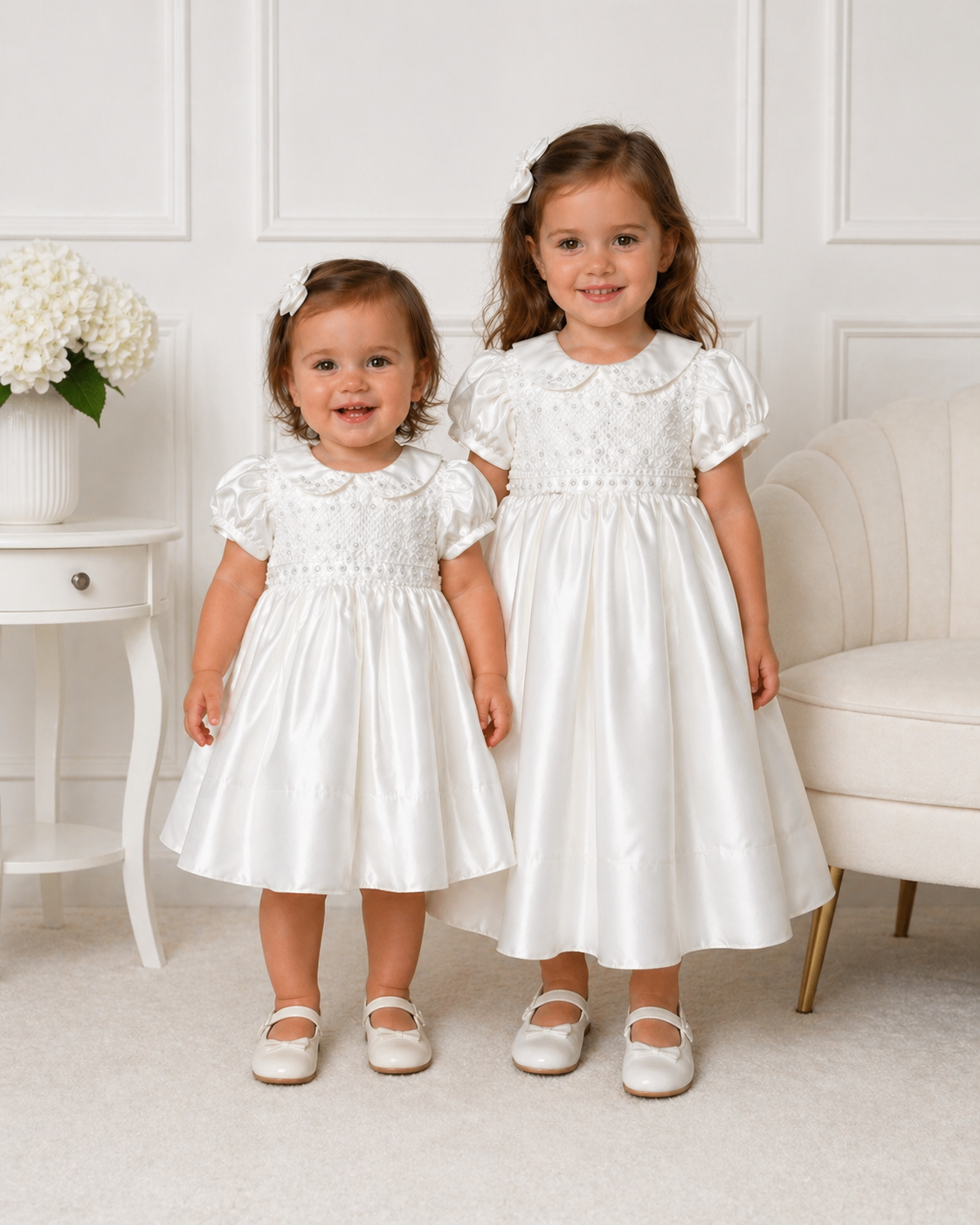 Aurora - Pearl Accent Ivory Satin Christening/Flower Girl Dress