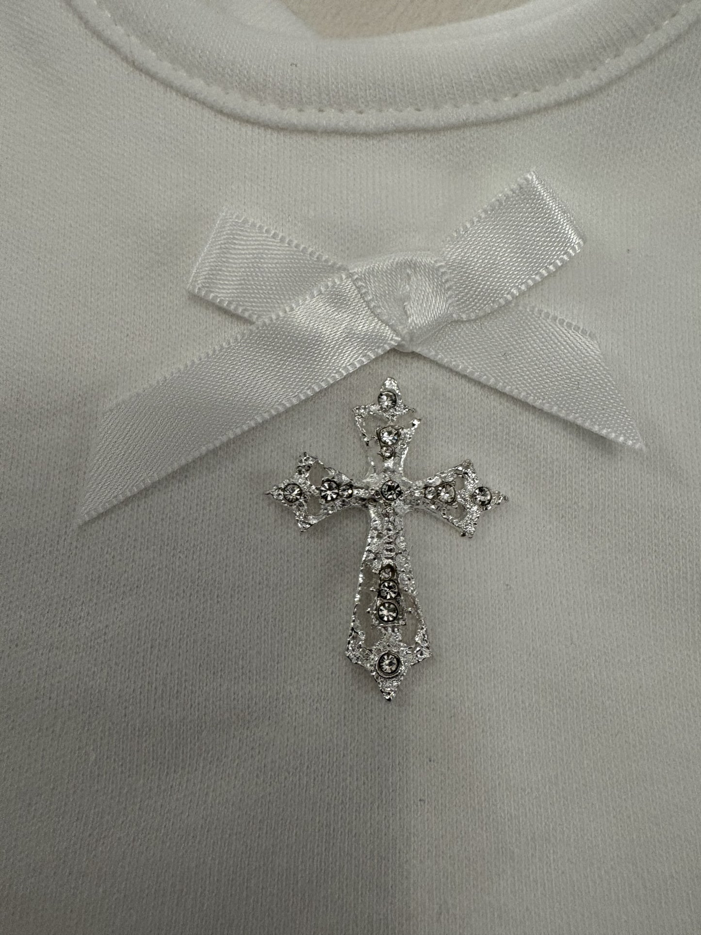 Christening Bib with Pearl and Rhinestone Cross