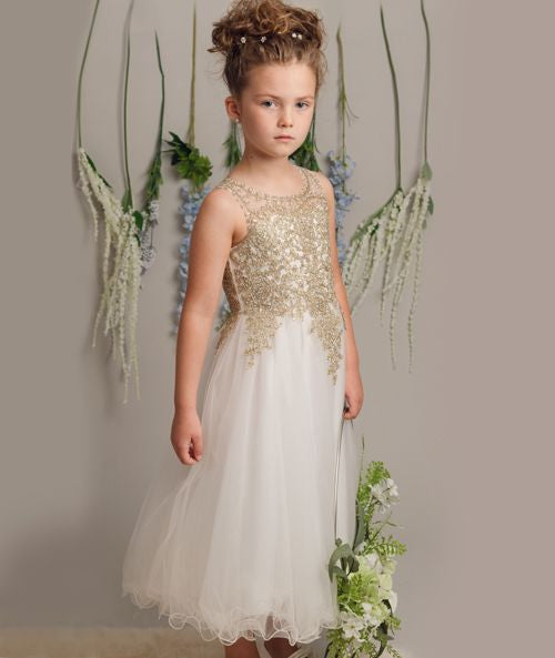 Ellie - Girls Ivory/Gold Dress Age 4 - 12 Years