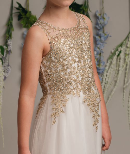 Ellie - Girls Ivory/Gold Dress Age 4 - 12 Years
