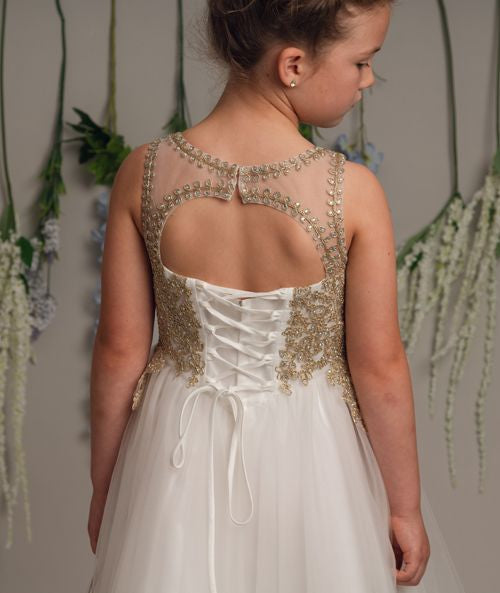 Ellie - Girls Ivory/Gold Dress Age 4 - 12 Years