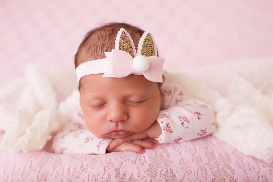 Pink Bunny Ears with Glitter and Pom Pom on a soft elastic headband