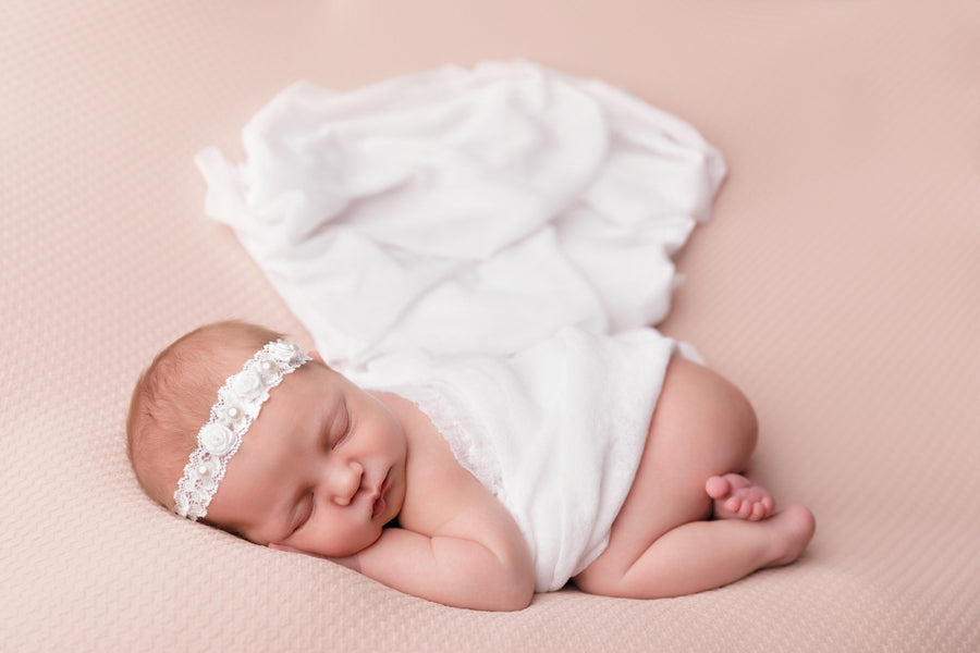 Baby Girls White Soft Elastic Headband with Flowers & Pearls