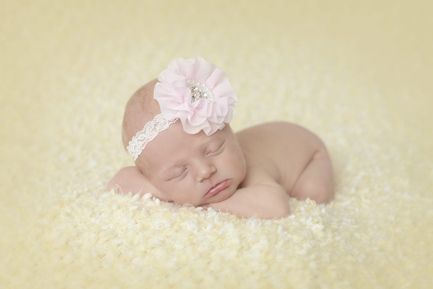 Girls Pink Chiffon Flower with Stones & Pearls on a soft elastic headband