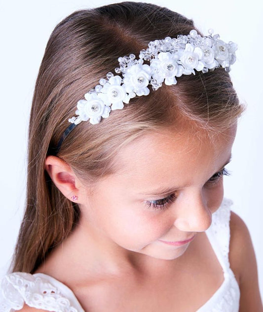 Girls Silver Floral Tiara Style Crystal Bead Headband