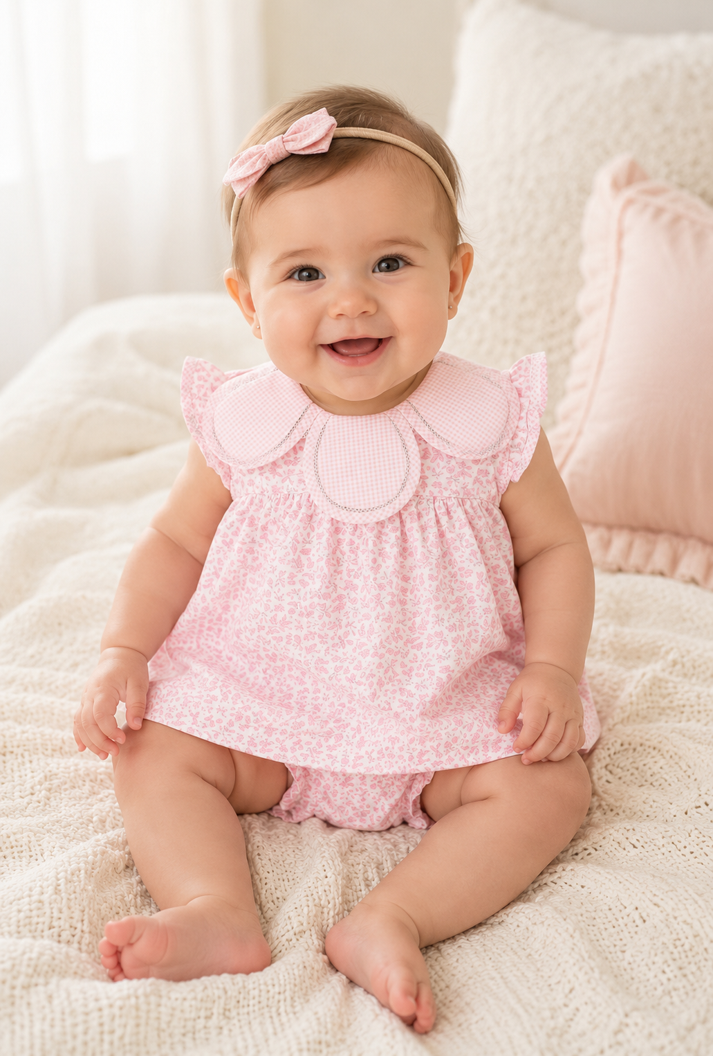 Spanish Style Pink Floral Baby Romper Dress with Peter Pan Collar & Bloomers