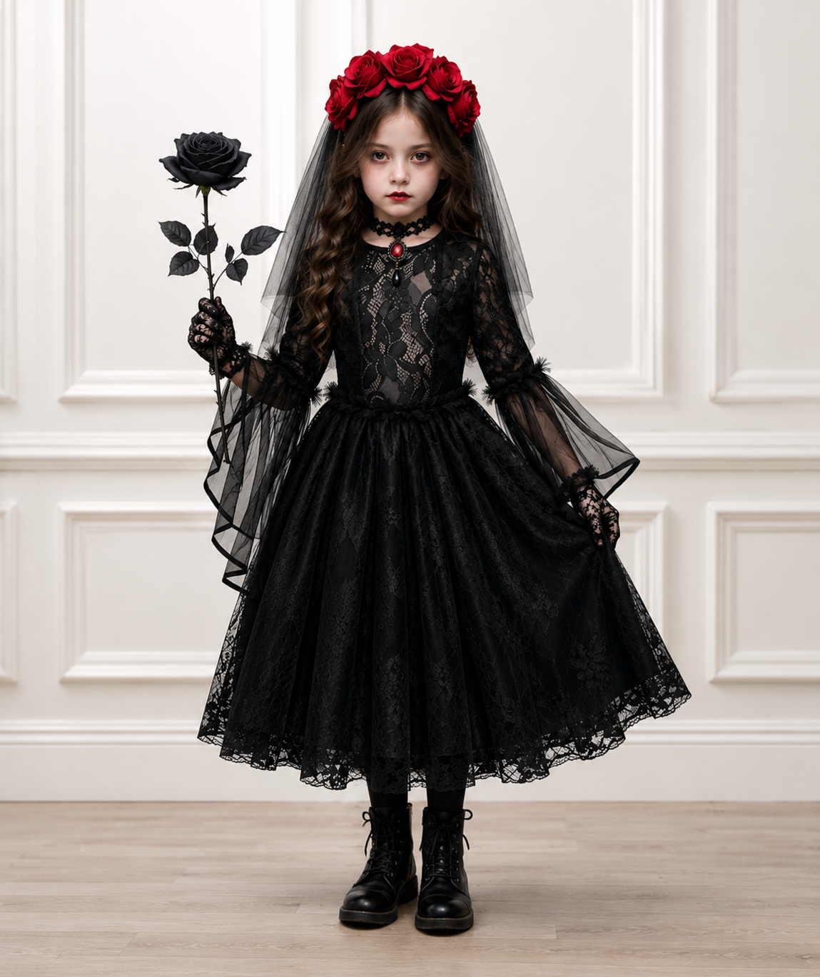 Girls Gothic Black Lace Dress, Halloween Witch Costume, Black Gothic Princess Dress, Spooky Party Outfit