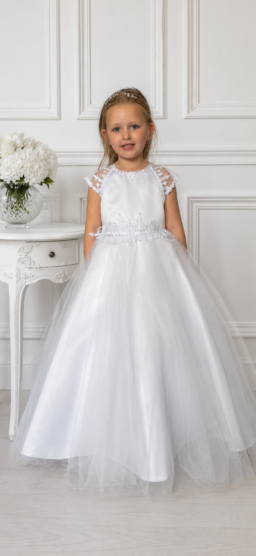Sara - Holy Communion/Flower Girl Dress Ages 7 -11 Years - White Satin & Appliqué Bodice