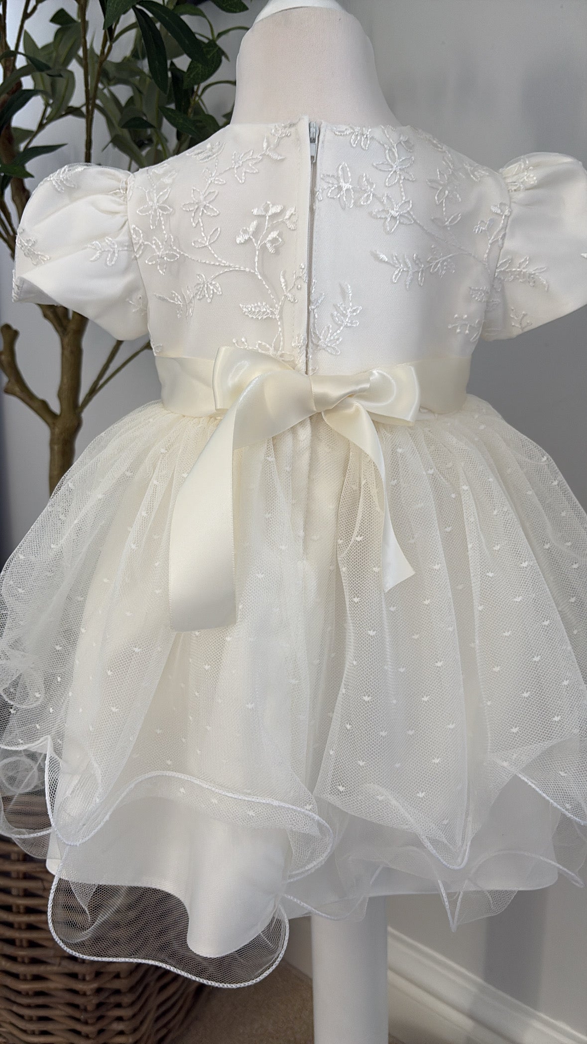Ivory Embroidered Christening Dress with Floral Details & Layered Tulle Skirt