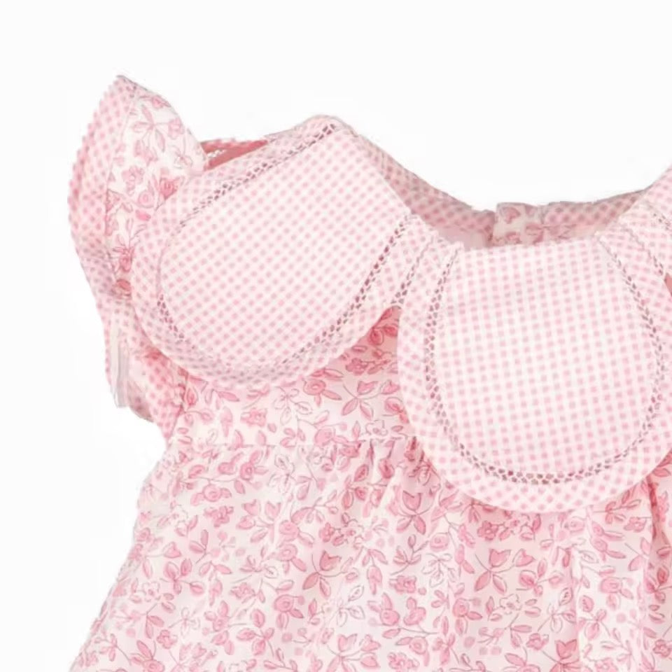 Spanish Style Pink Floral Baby Romper Dress with Peter Pan Collar & Bloomers