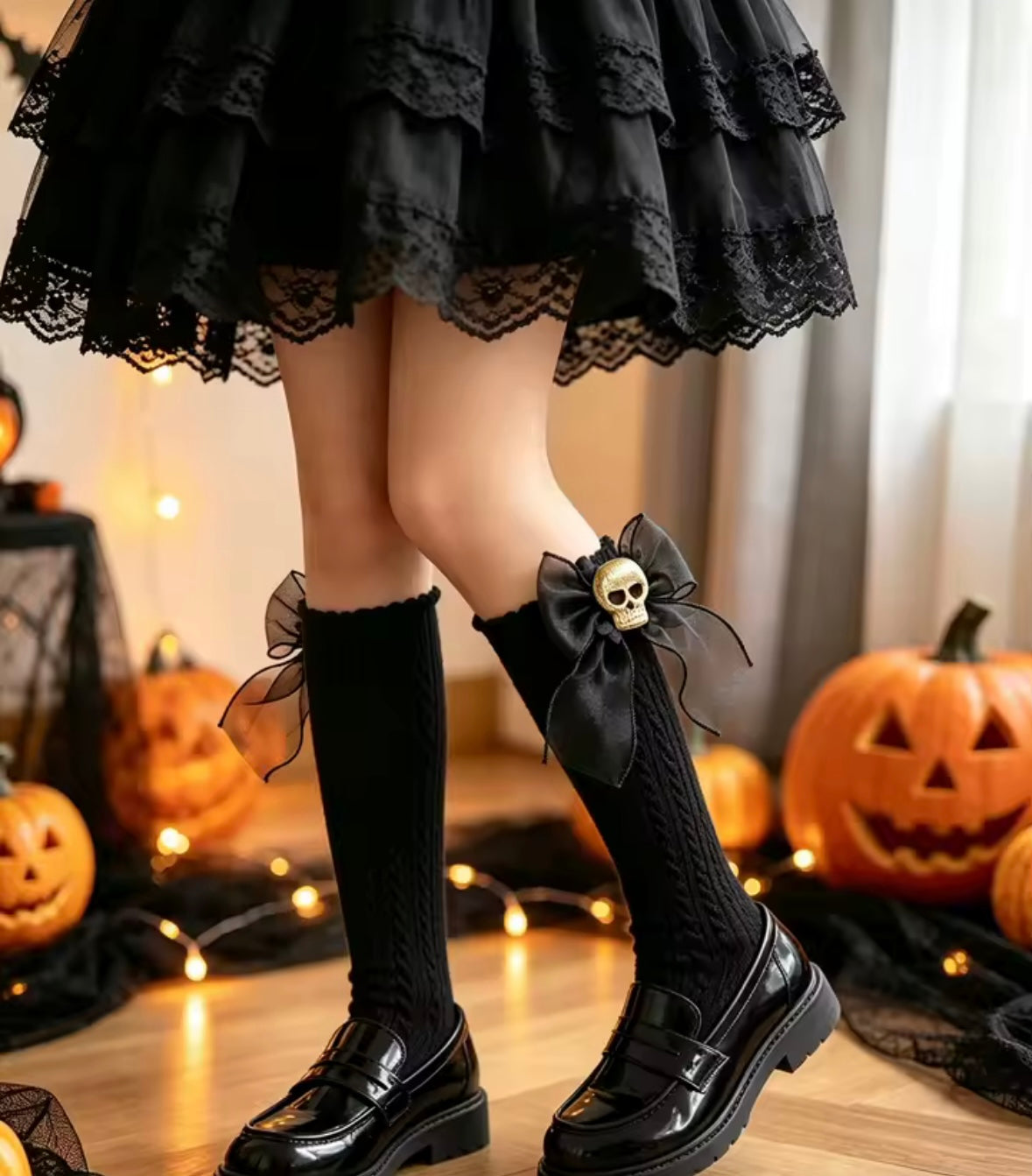 Wednesday Addams Inspired GirlsHalloween Dress, Lace Gloves & Skull Socks