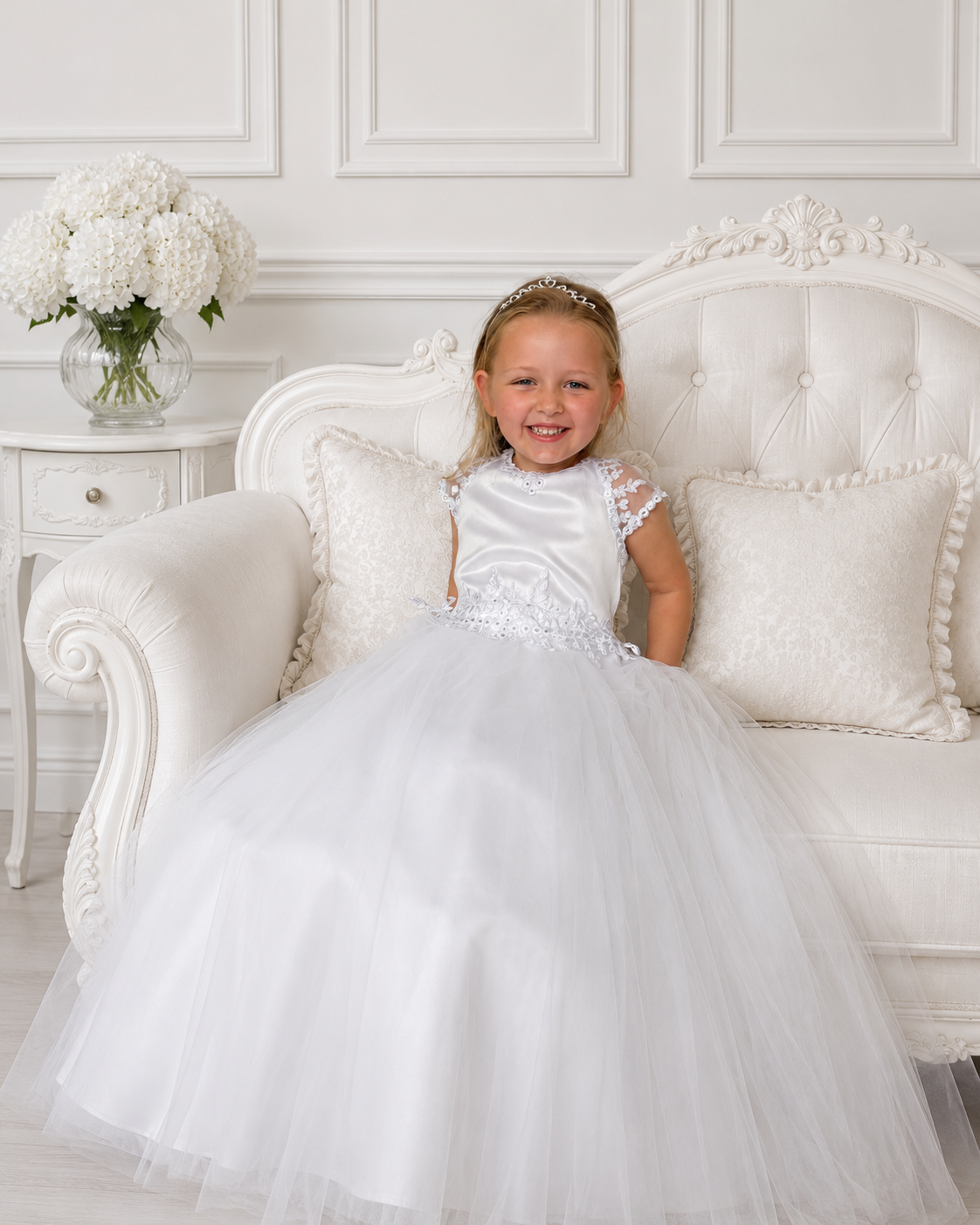 Sara - Holy Communion/Flower Girl Dress Ages 7 -11 Years - White Satin & Appliqué Bodice
