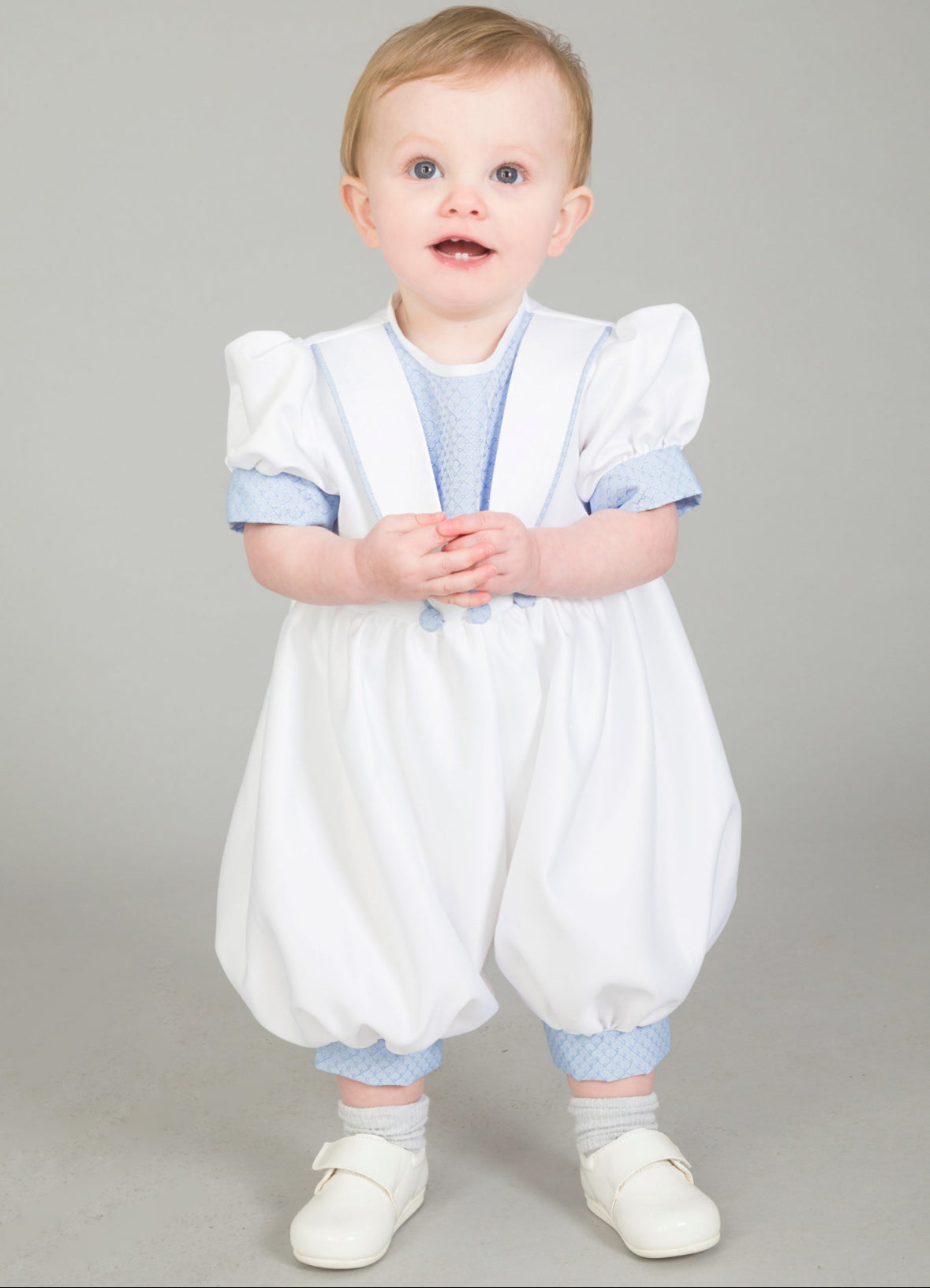 Baby Boys Christening Romper - White & Blue