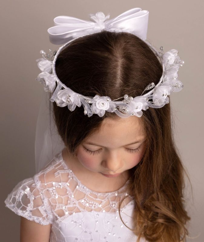 Girls White Floral Tiara & Bow Veil
