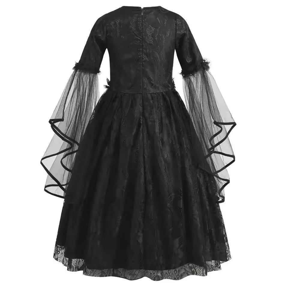Girls Gothic Black Lace Dress, Halloween Witch Costume, Black Gothic Princess Dress, Spooky Party Outfit