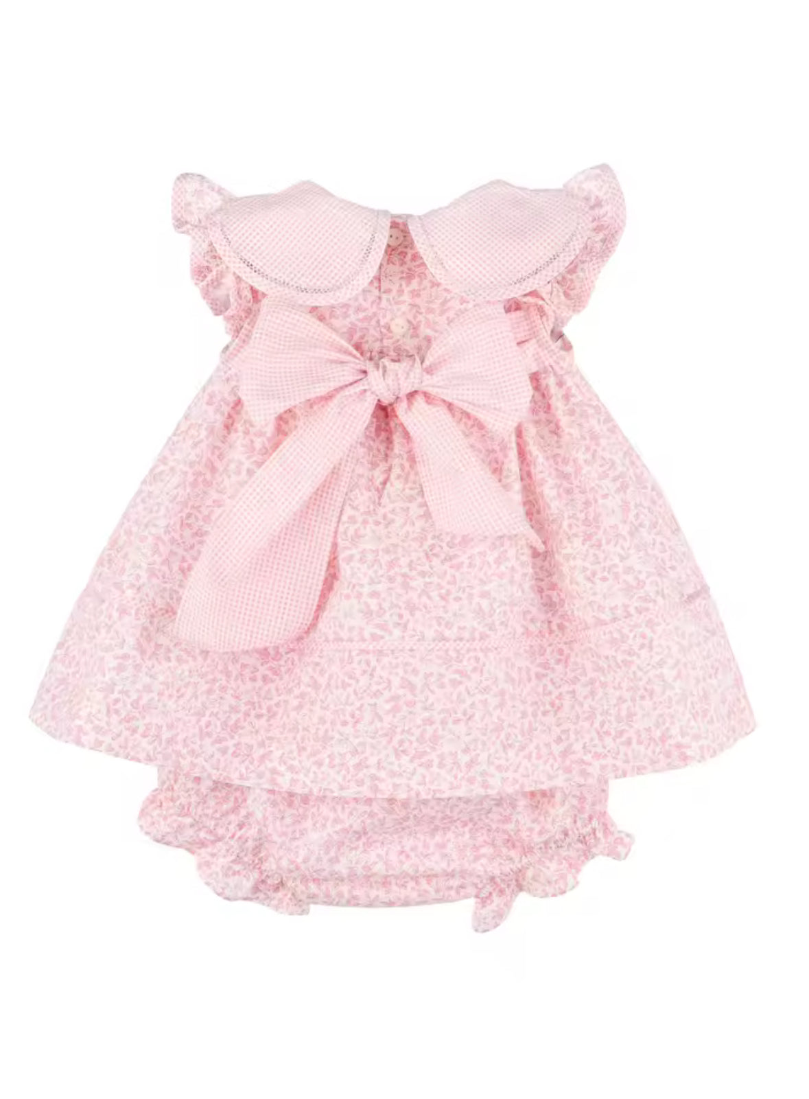 Spanish Style Pink Floral Baby Romper Dress with Peter Pan Collar & Bloomers