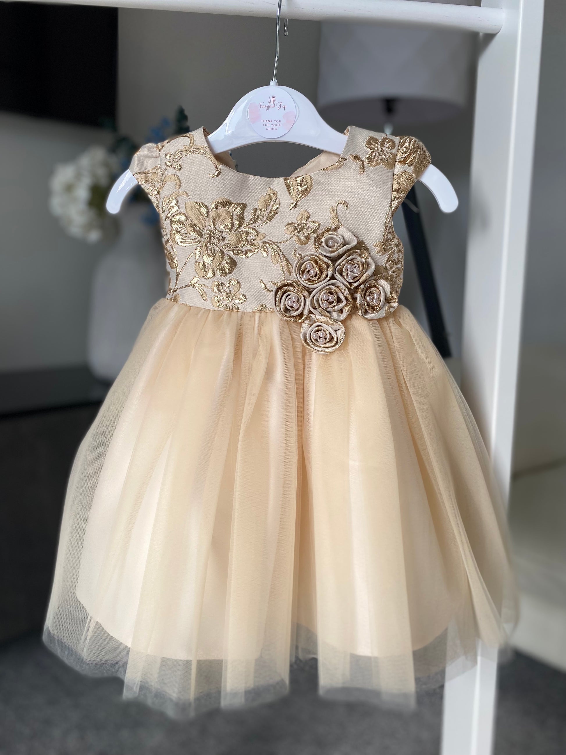 Baby Girls Champagne/Gold Brocade and Tulle Dress Little Posh Dress Shop Baby Girls Champagne/Gold Brocade and Tulle Dress Little Posh Dress Shop