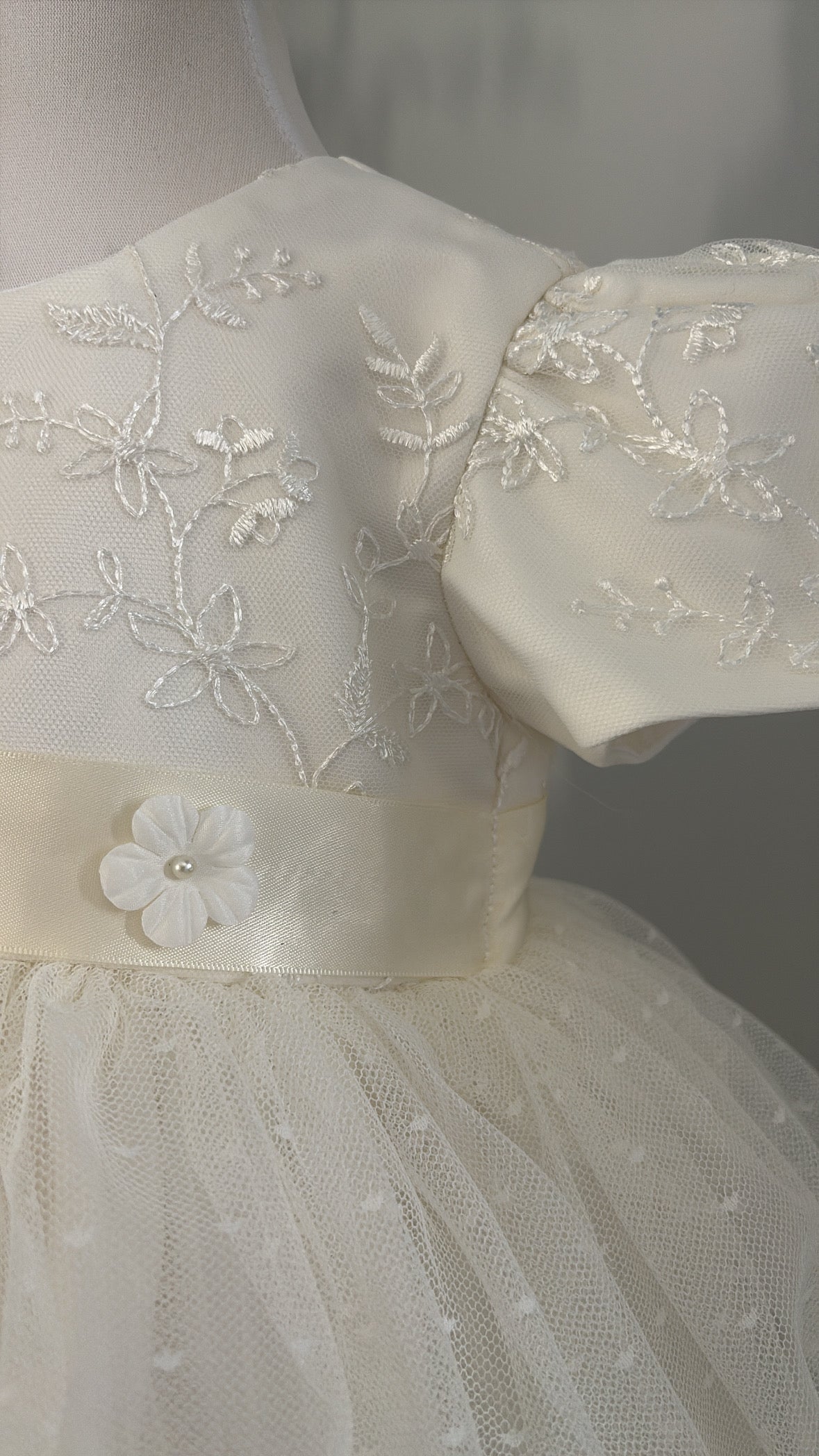 Ivory Embroidered Christening Dress with Floral Details & Layered Tulle Skirt
