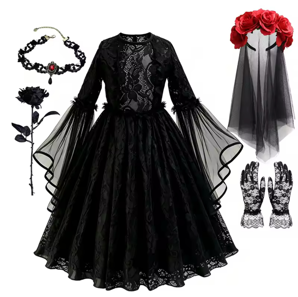 Girls Gothic Black Lace Dress, Halloween Witch Costume, Black Gothic Princess Dress, Spooky Party Outfit