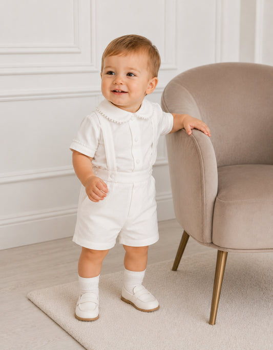 PREMIUM COLLECTION Thomas - Boys Traditional Ivory 2 Piece Christening Outfit - Short Sleeve Shirt & Shorts