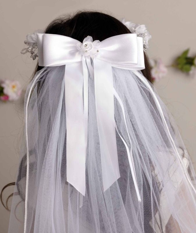 Girls White Floral Tiara & Bow Veil