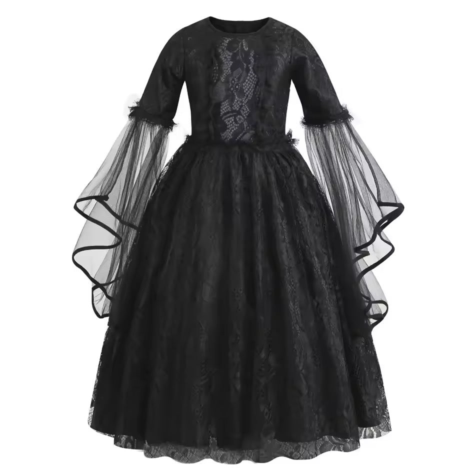 Girls Gothic Black Lace Dress, Halloween Witch Costume, Black Gothic Princess Dress, Spooky Party Outfit
